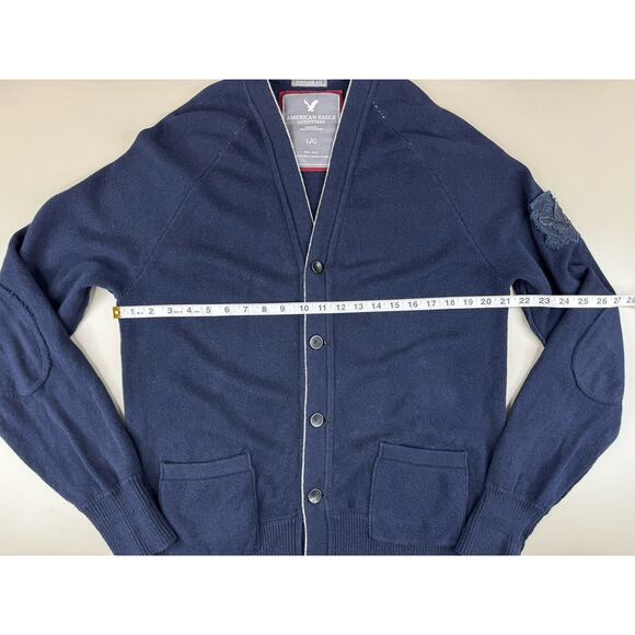 American Eagle Mens Wool Blend Cardigan Sweater L Navy Blue Elbow Patches Preppy - Picture 4 of 13